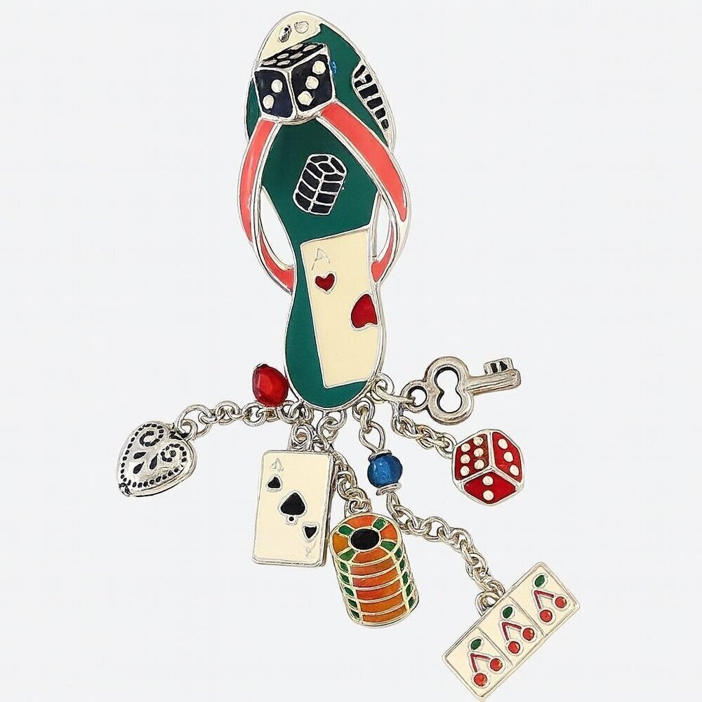 Lucky Charm Flip Flop Enamel Pin With Silver Tone Dangling Charms Playing Cards
